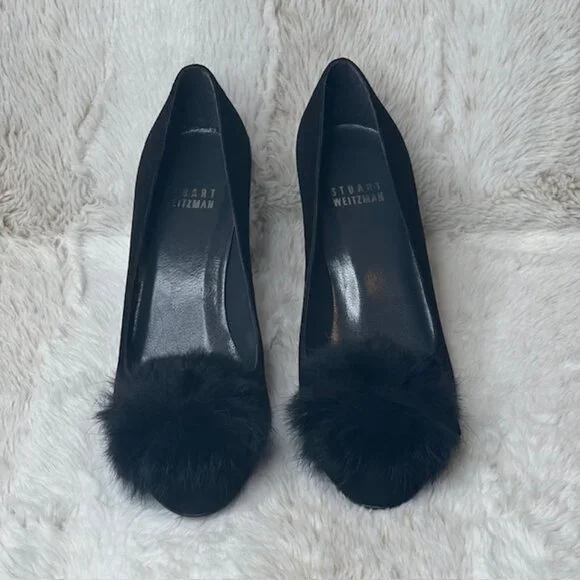 Stuart Weitzman Black Suede Pom-Pom Pumps Size 5M - Picture 2 of 10
